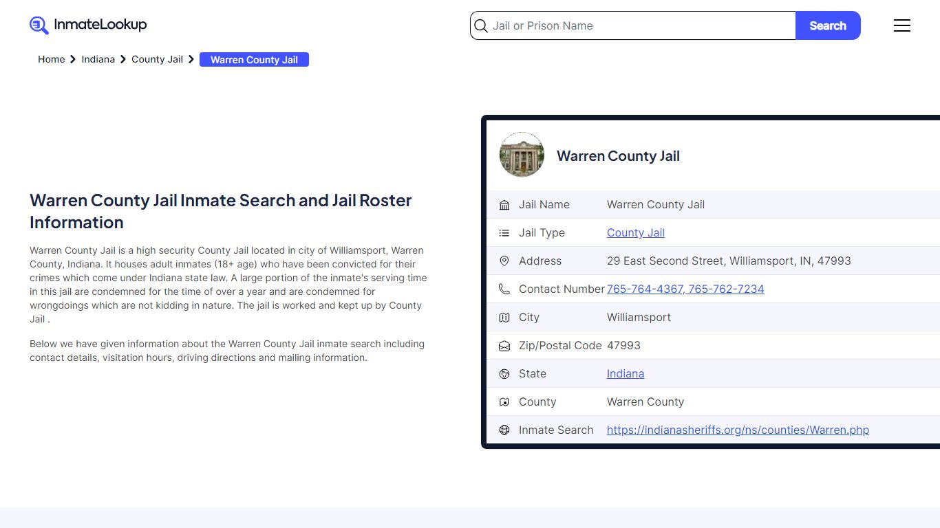 Warren County Jail Inmate Search - Williamsport Indiana - Inmate Lookup